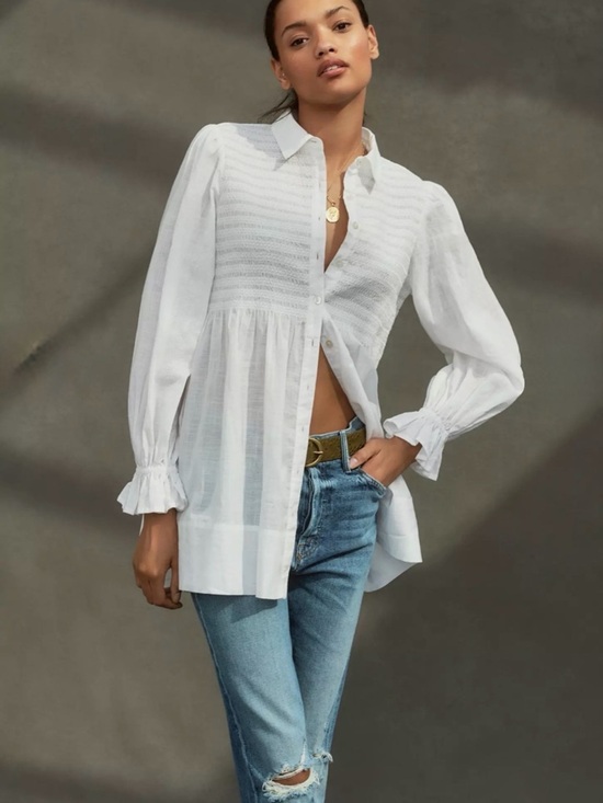 Anthropologie Tops - Anthropologie Maeve White Smocked Tunic Blouse